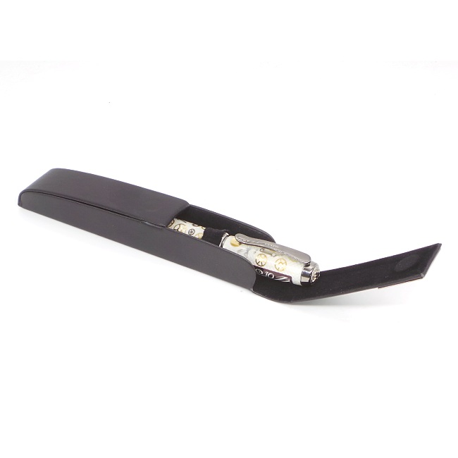 Leatherette pen box with gunmetal end flap magnetic closure